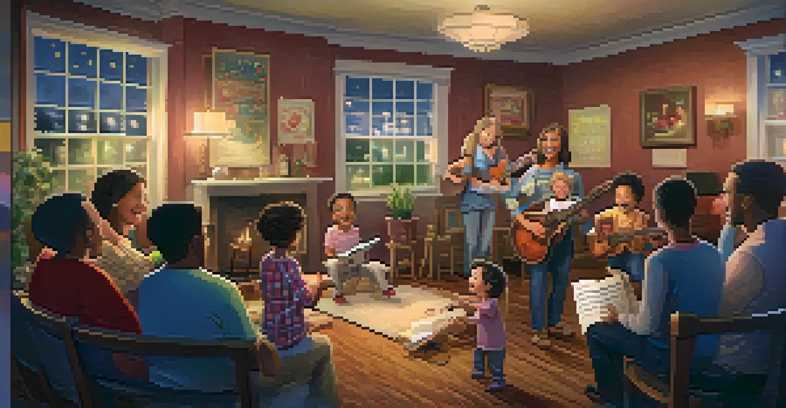A family music night where parents and children are joyfully participating in a sing-along.