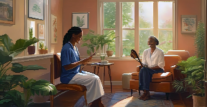 A music therapist interacting with a patient in a warm, inviting healthcare room, filled with instruments and plants.