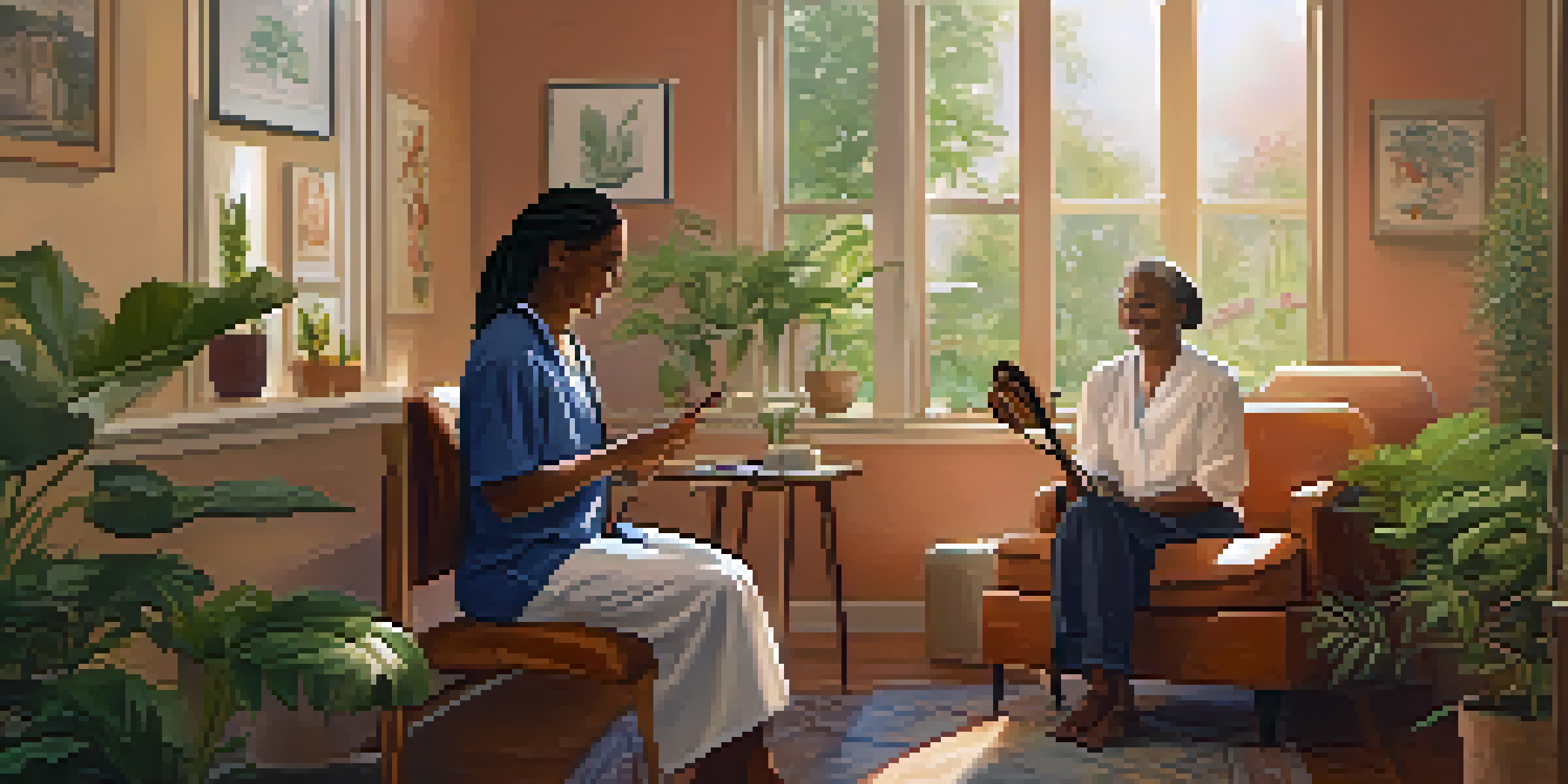 A music therapist interacting with a patient in a warm, inviting healthcare room, filled with instruments and plants.