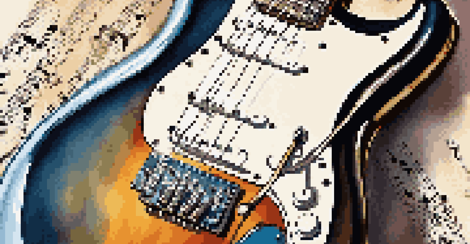 A close-up view of an electric guitar neck and frets, with music sheets and a metronome in the blurred background.