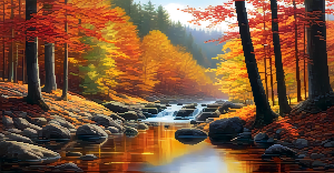 A peaceful autumn forest with colorful leaves and a gentle stream reflecting sunlight.