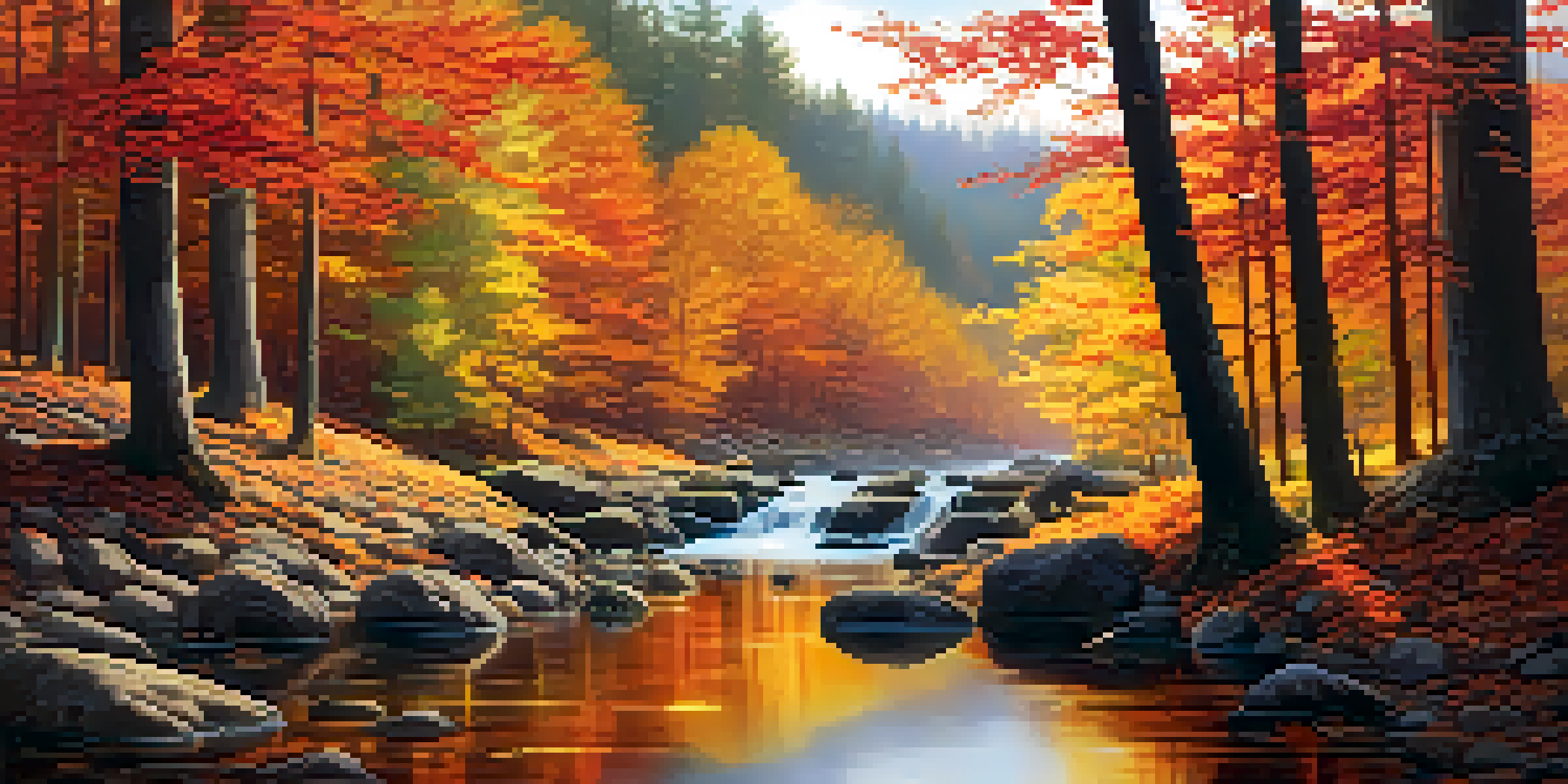 A peaceful autumn forest with colorful leaves and a gentle stream reflecting sunlight.