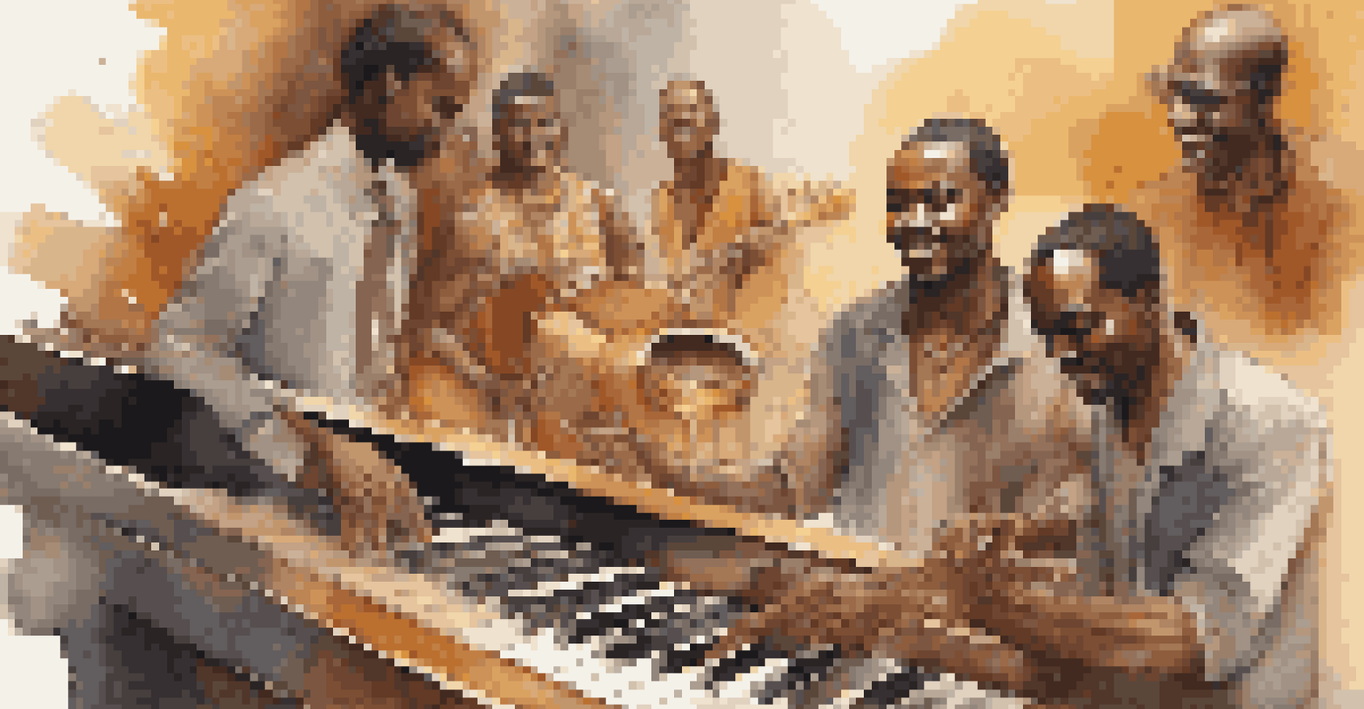 Close-up of a jazz pianist and an African drummer collaborating, showcasing their hands on the instruments with warm lighting.