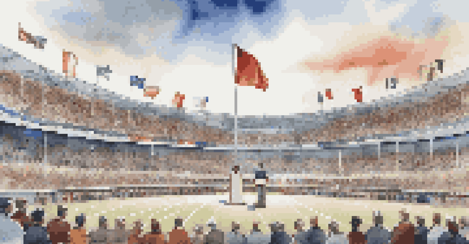 Athletes from various nations standing on a podium during an international sports event, with flags and a dramatic sky in the background as the national anthem is played.