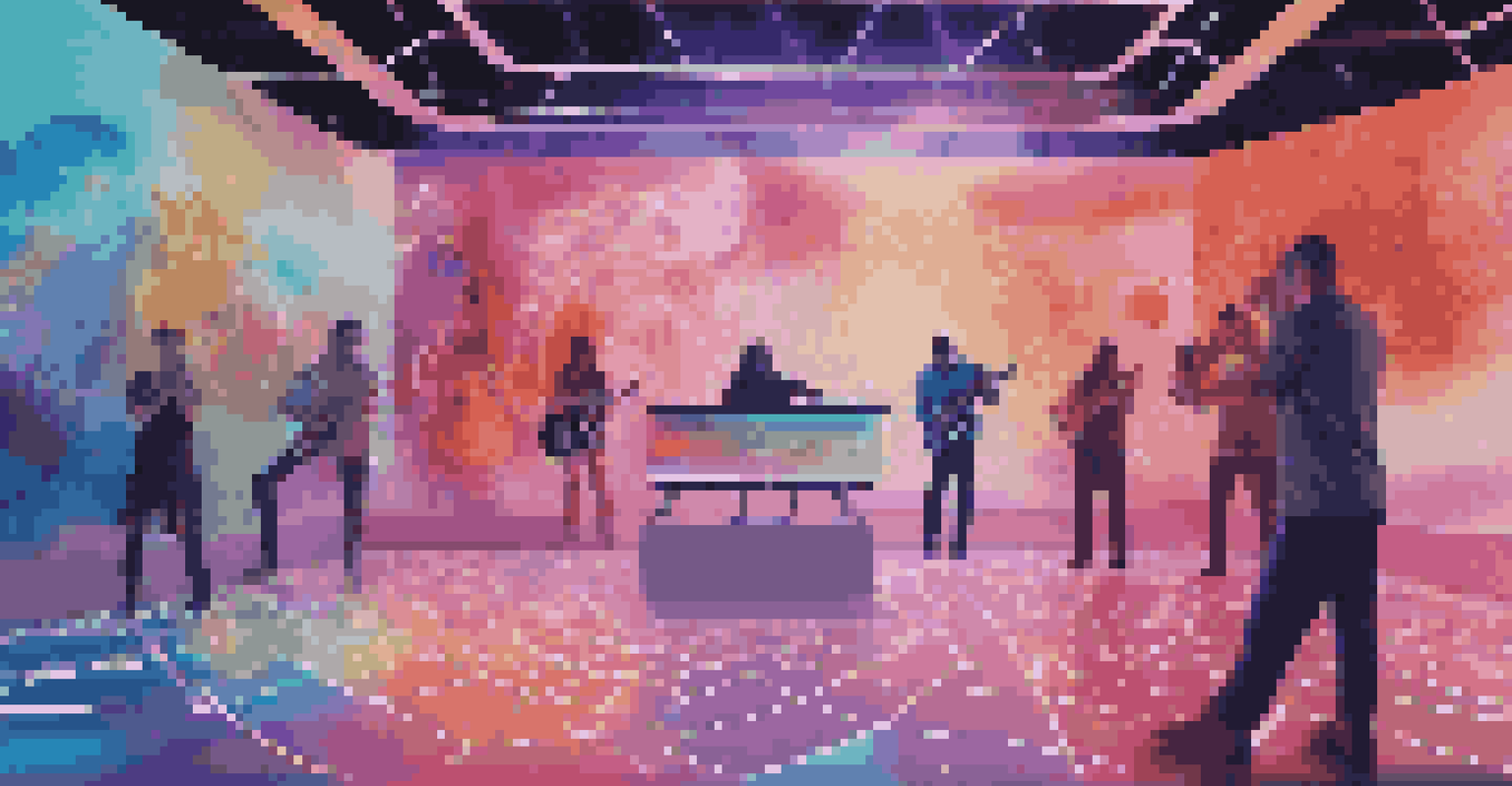 A musician in a futuristic setting with virtual art installations and bright holographic visuals.