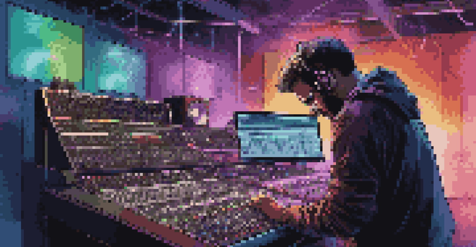 An audio engineer working on a digital audio workstation with colorful LED lights in the studio.
