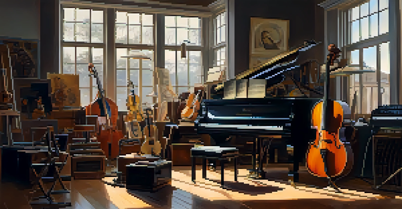 A musician in a modern studio working on new music, surrounded by instruments and bathed in warm natural light.