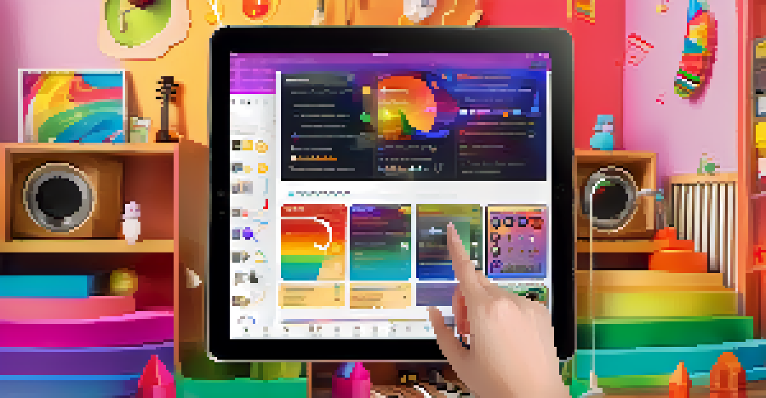 A tablet displaying an interactive music app with colorful prompts and musical notes, set in a bright room with instruments.