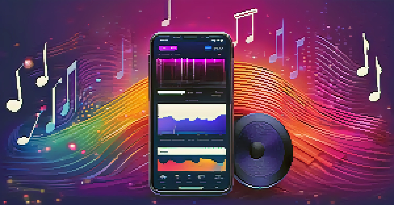 An abstract image of colorful sound waves and musical notes around a smartphone displaying a music playlist.