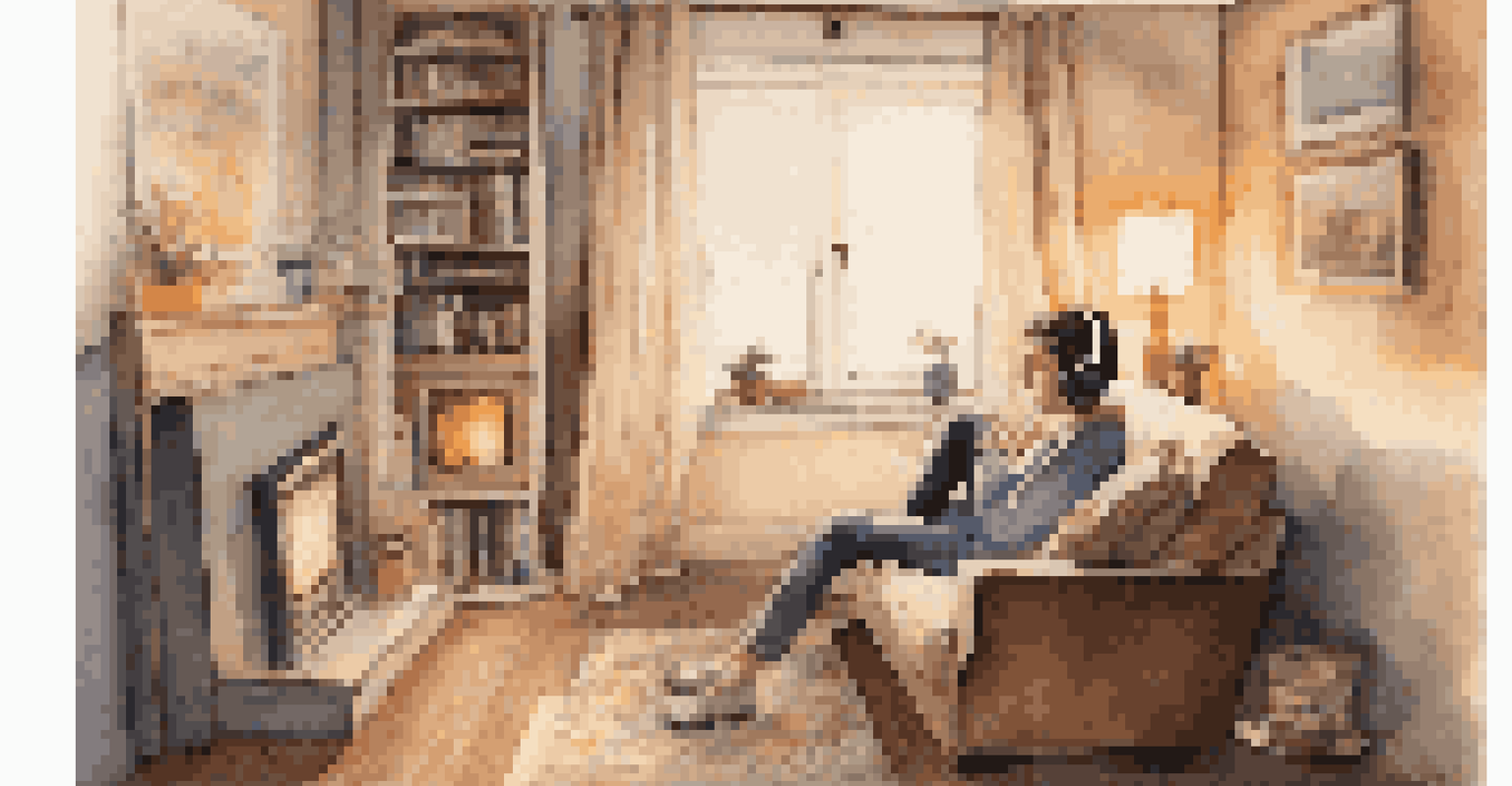 A person in a cozy living room, wearing headphones and listening to music, with musical notes floating around.