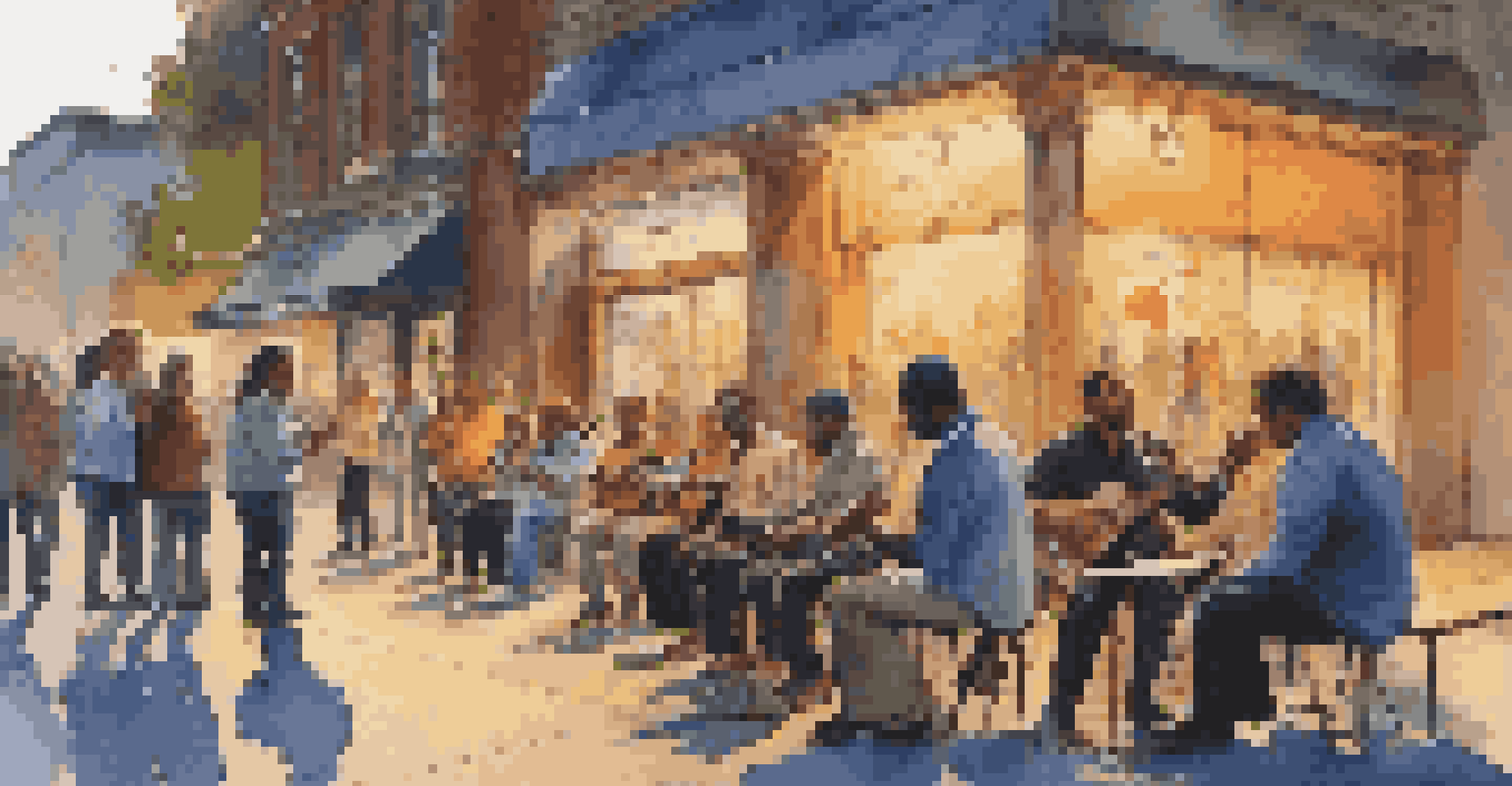 A local musician performing on a street corner, surrounded by an attentive crowd in a lively urban setting.