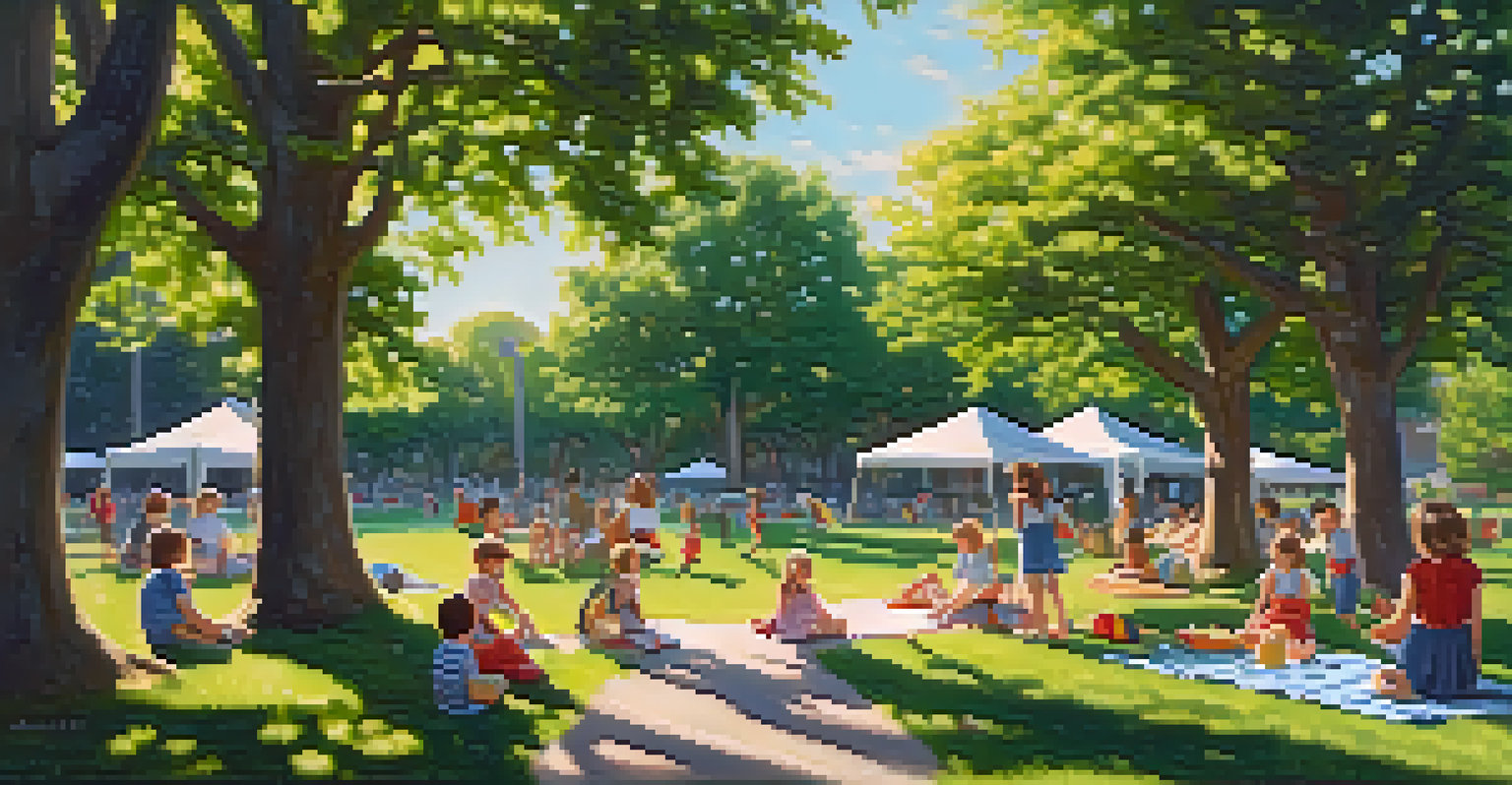 A vibrant park with children playing, tall trees, flowers, and a picnic setup, capturing the essence of a summer day.