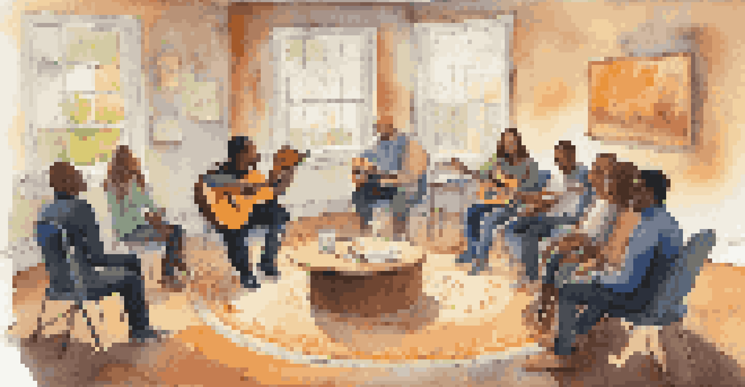 A group therapy session with participants in a circle, a therapist playing guitar in the center, and colorful musical notes floating around.