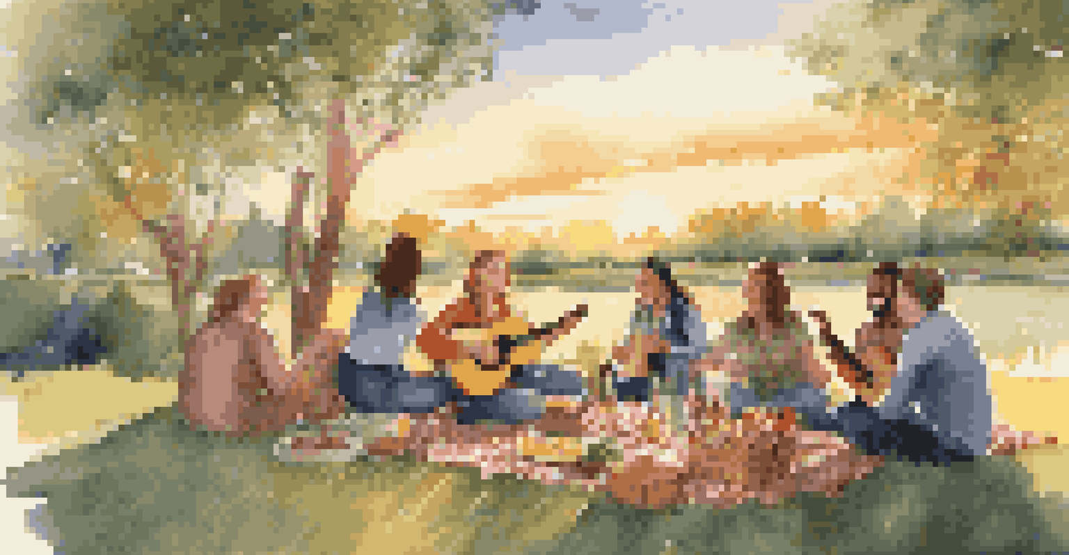 Friends gathered for a sing-along during a sunset picnic, with a guitar and food spread on a blanket.