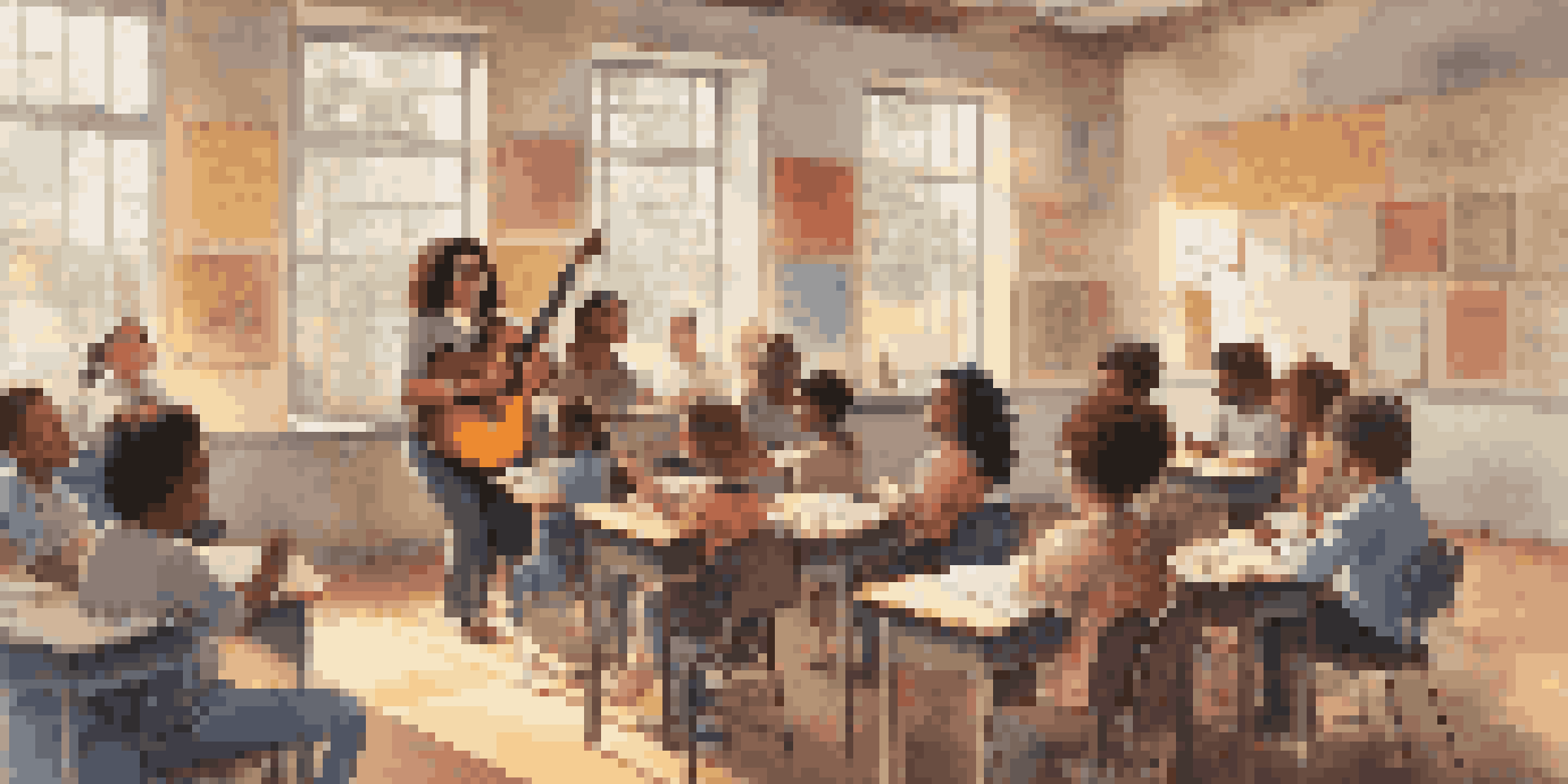 A diverse group of students in a bright classroom, learning music with a teacher demonstrating guitar techniques.