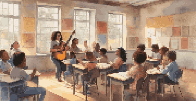 A diverse group of students in a bright classroom, learning music with a teacher demonstrating guitar techniques.