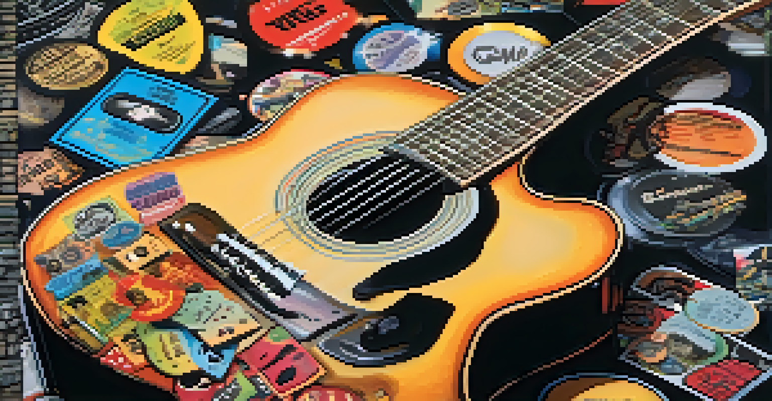 Close-up of a musician's hands playing a guitar with genre stickers in a warm-lit recording studio.