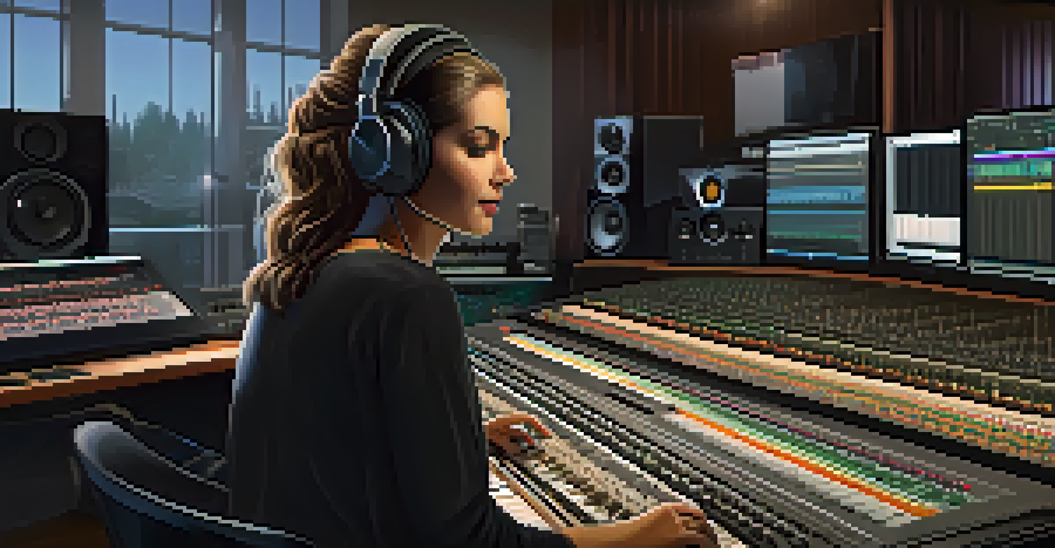 A female music producer working in a modern recording studio, adjusting sound levels on a mixing console surrounded by instruments.