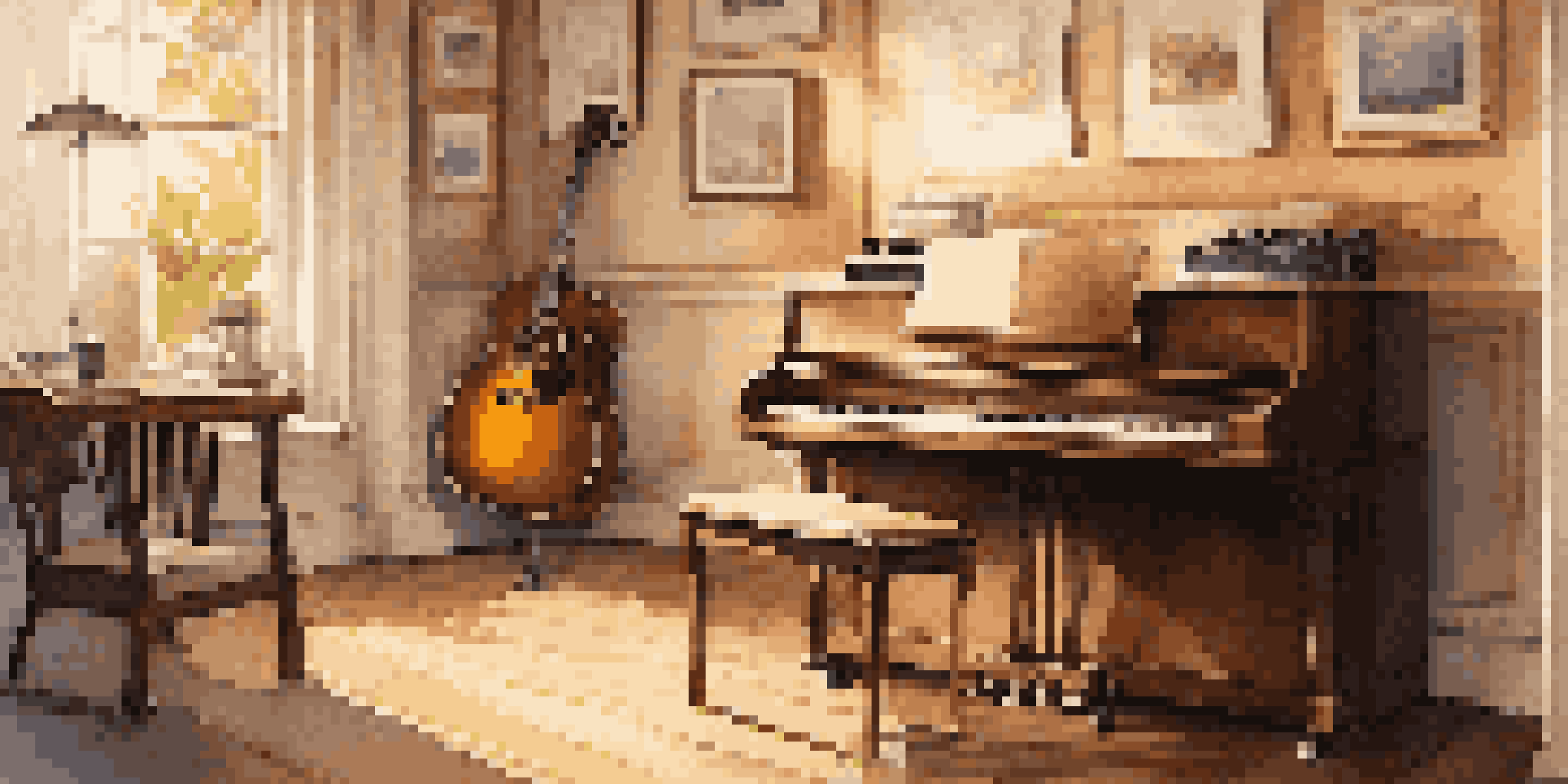 A warm and inviting acoustic music studio with a grand piano, vintage microphones, and a guitar, illuminated by soft sunlight.
