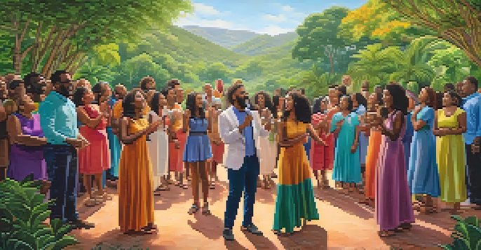 A diverse group of individuals singing together outdoors, celebrating unity through music in a natural setting.