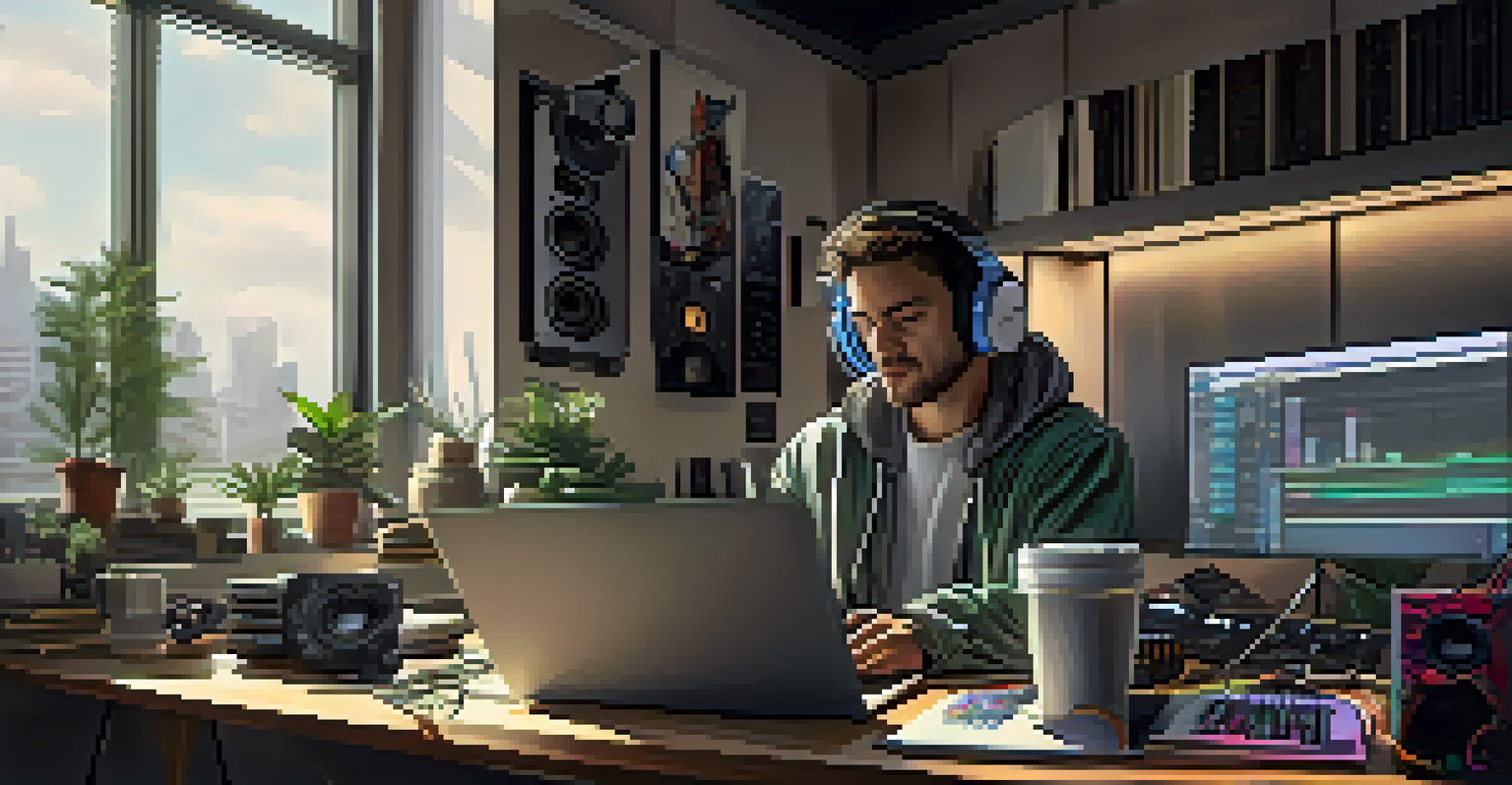 A music producer working on a laptop in a bright workspace, surrounded by audio equipment and notes.