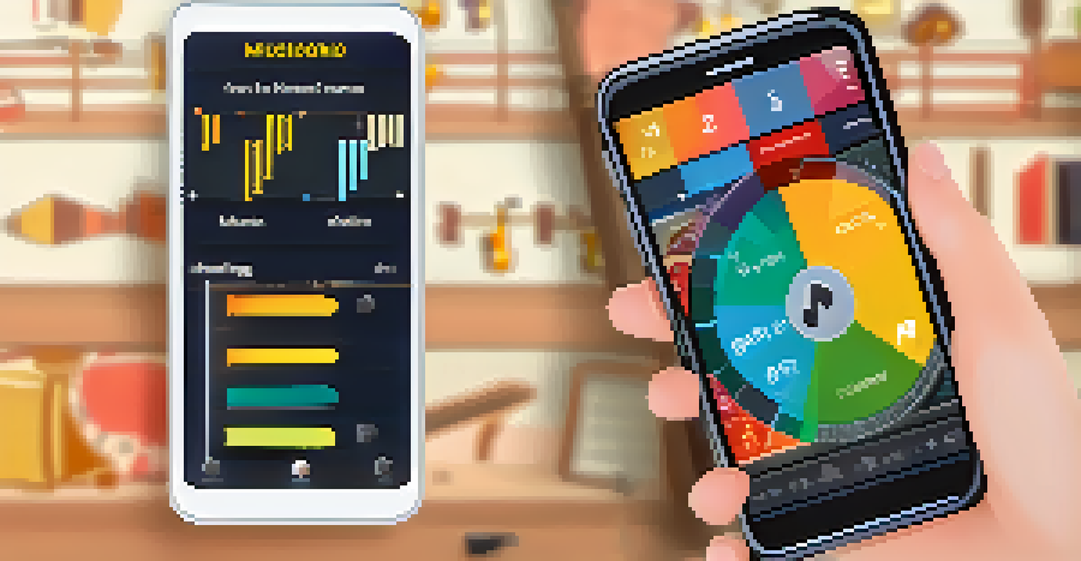 A smartphone displaying a gamified music learning app, set in a cozy environment with a guitar.