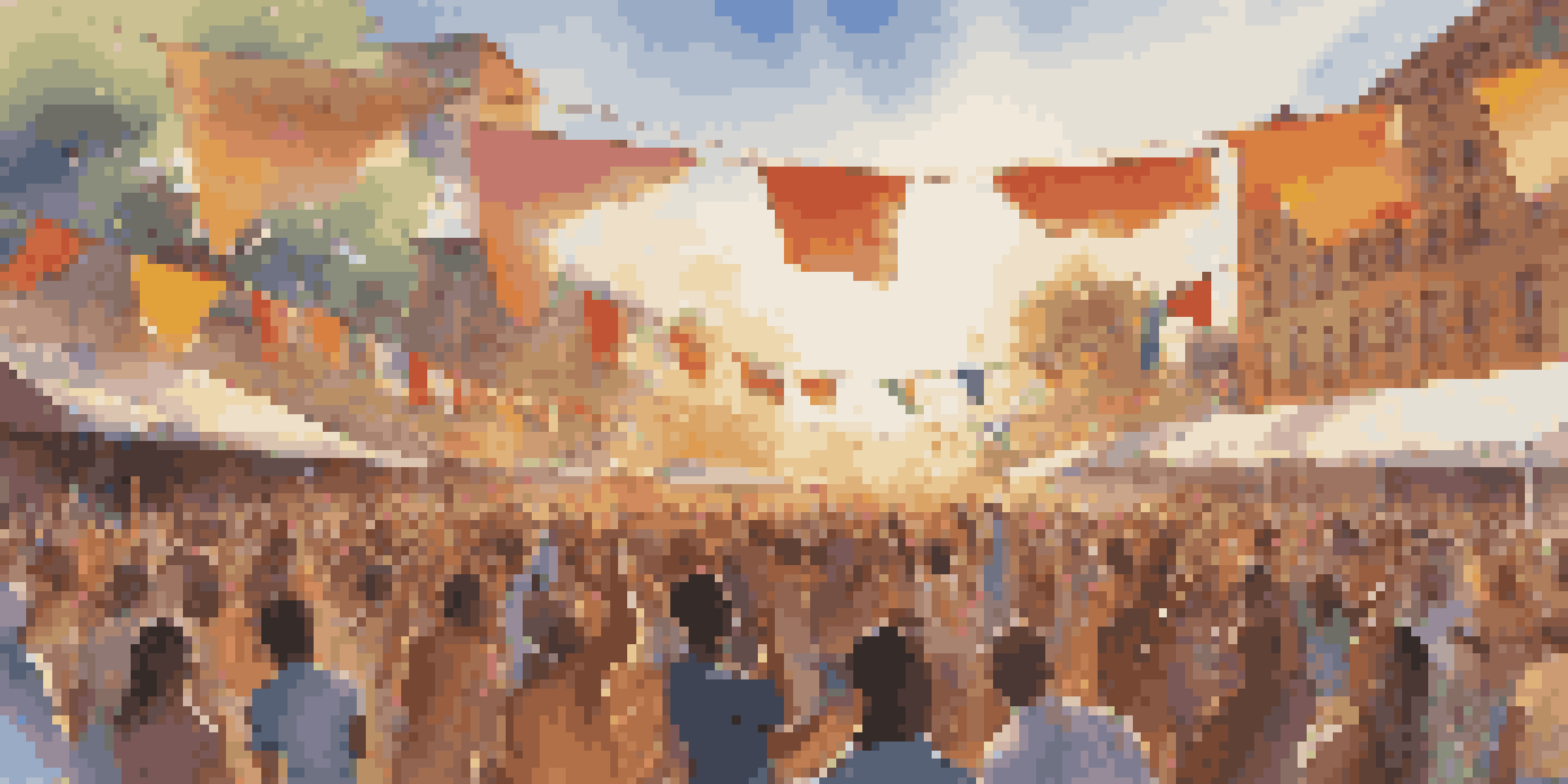 A lively outdoor music festival with a diverse crowd, musicians on stage, colorful flags, and a warm sunset.