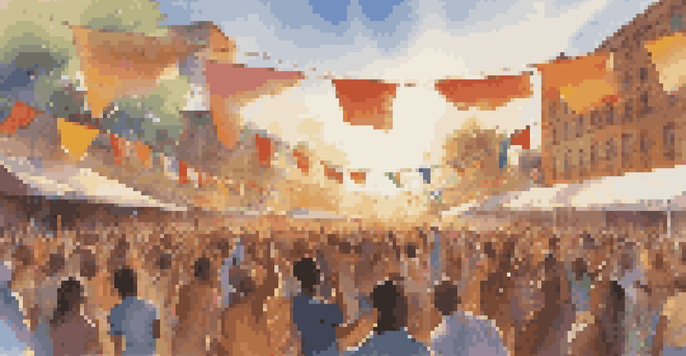 A lively outdoor music festival with a diverse crowd, musicians on stage, colorful flags, and a warm sunset.