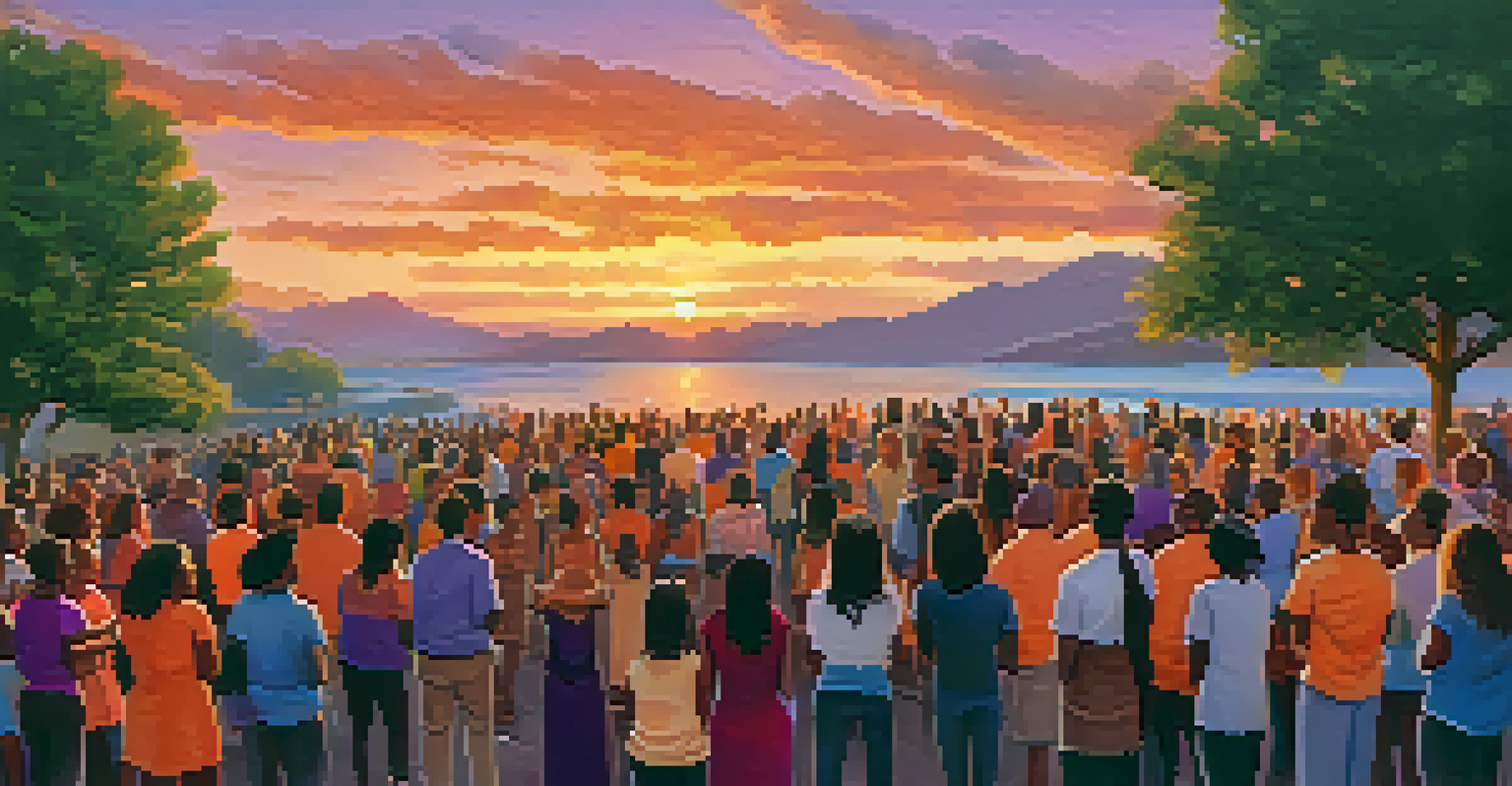 A diverse crowd singing together outdoors at sunset, highlighting community and joy.