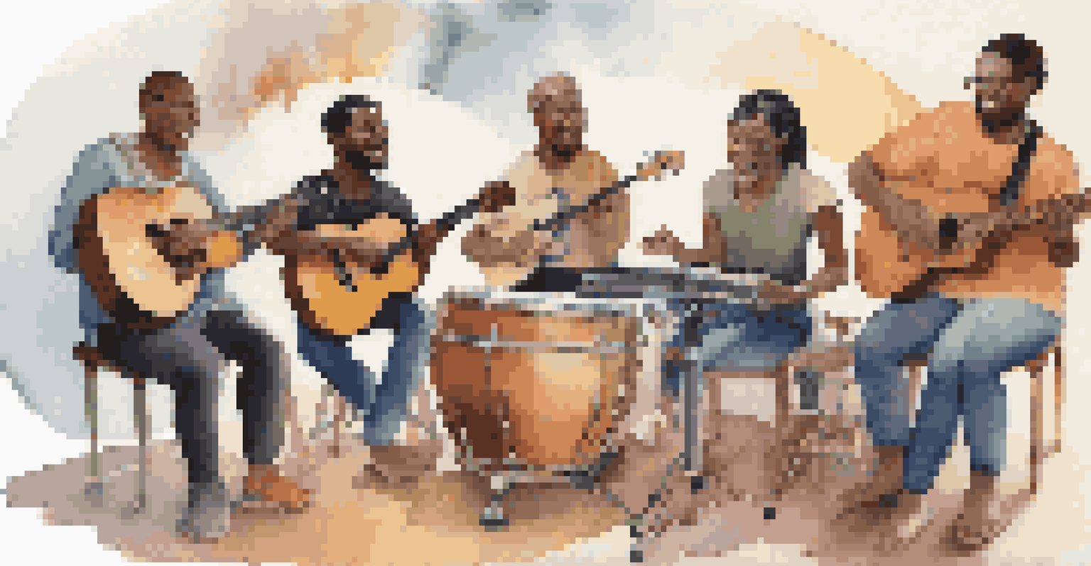 A group of people making music together in a circle, smiling and engaged.