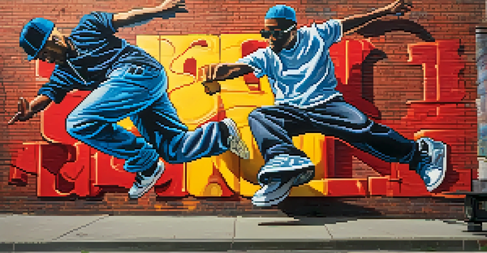 A colorful mural illustrating hip-hop culture with elements like breakdancing and graffiti on a brick wall, illuminated by warm afternoon sunlight.