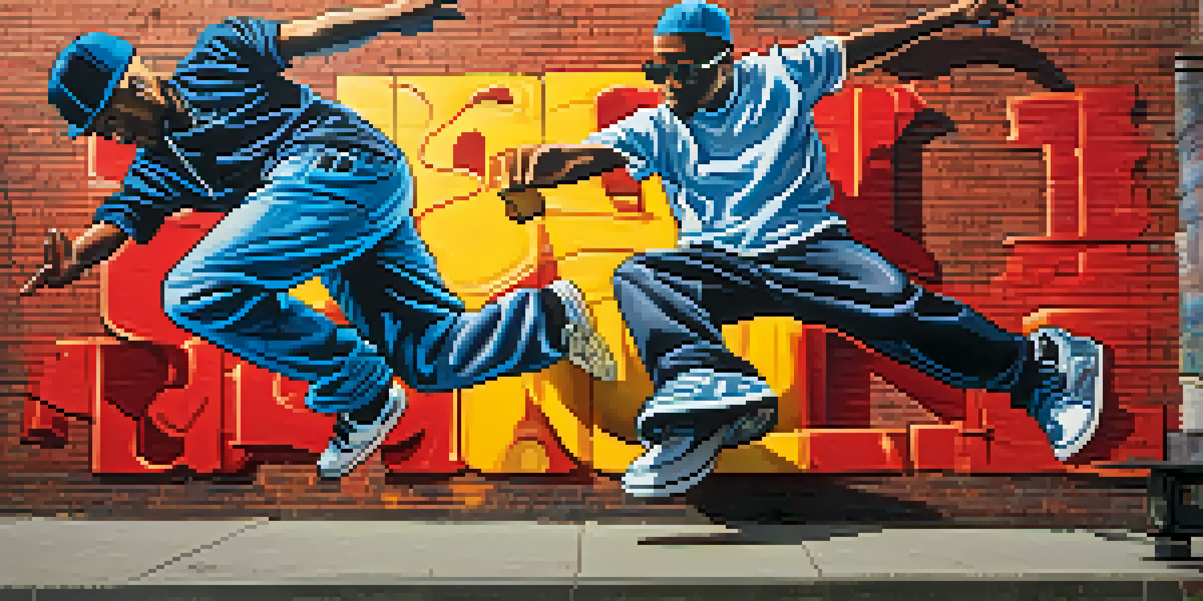 A colorful mural illustrating hip-hop culture with elements like breakdancing and graffiti on a brick wall, illuminated by warm afternoon sunlight.