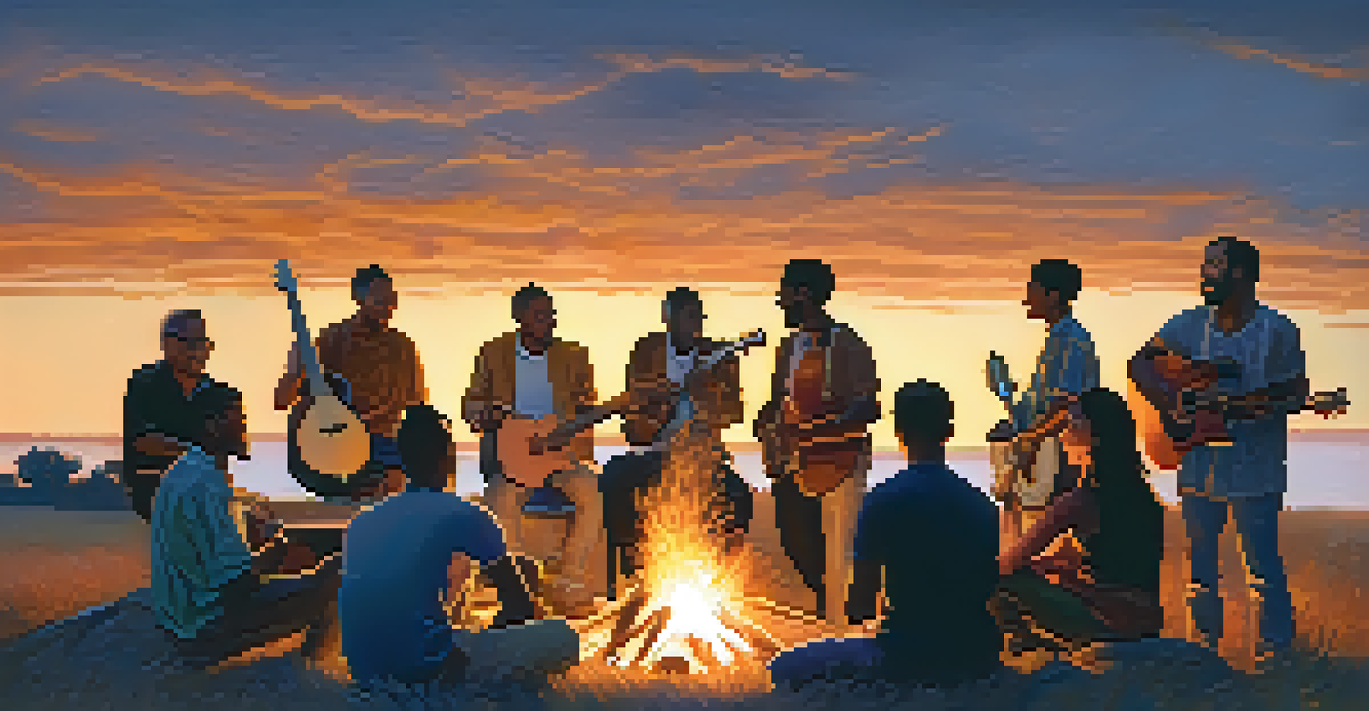 A diverse group of people around a bonfire at dusk, playing instruments and sharing joyful moments.