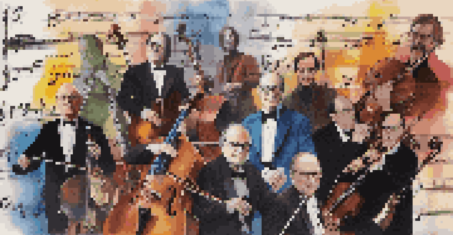 A collage of famous film composers with portraits and film score sheet music against a colorful background.