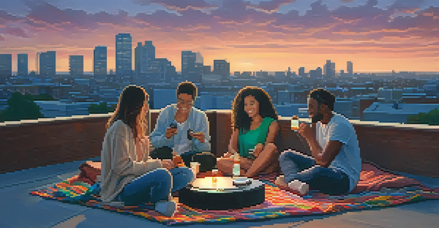 A group of friends enjoying music together on a rooftop at sunset, with a city skyline in the background and warm lighting.