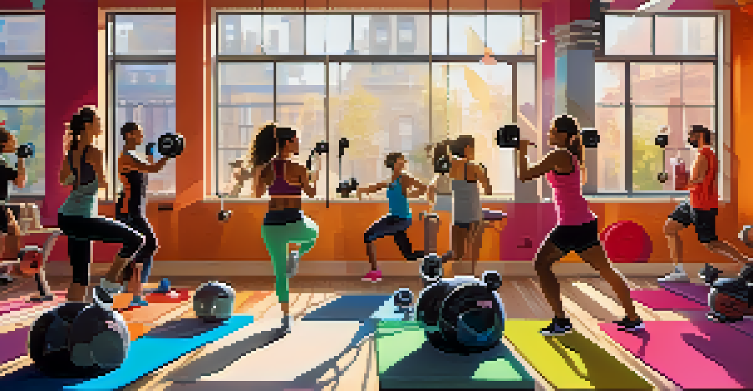 A group of friends working out in an indoor gym, sharing music through wireless earbuds, with motivational posters and bright sunlight.