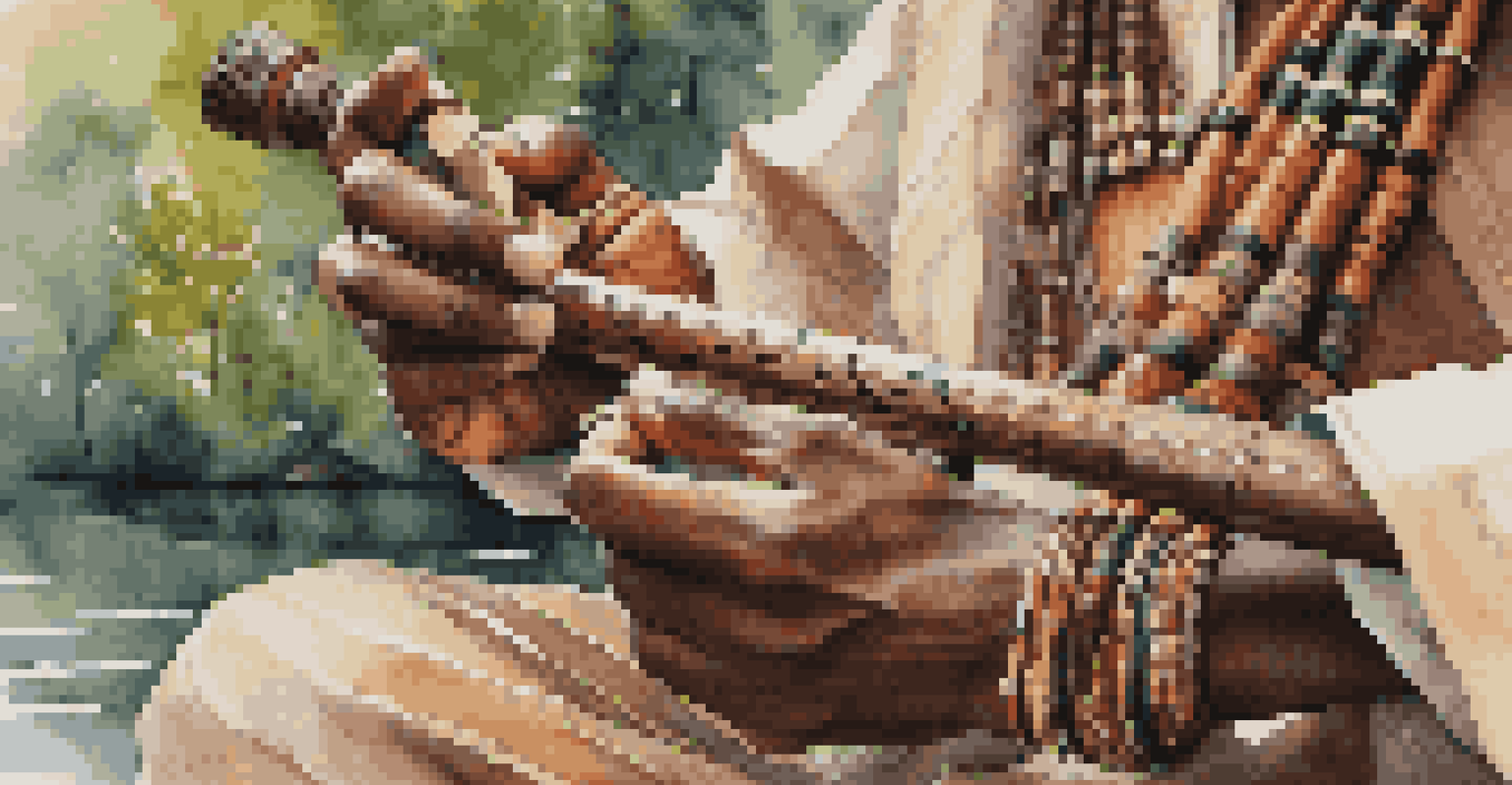 A close-up of hands playing traditional instruments in nature, highlighting the textures of the instruments and the cultural significance.
