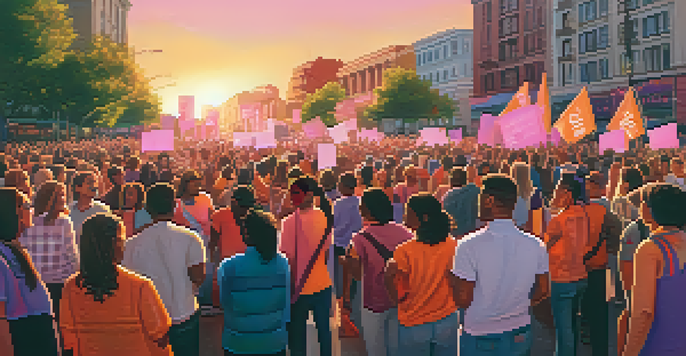A diverse crowd of people singing at a social movement rally, holding colorful signs in front of a city skyline during sunset.