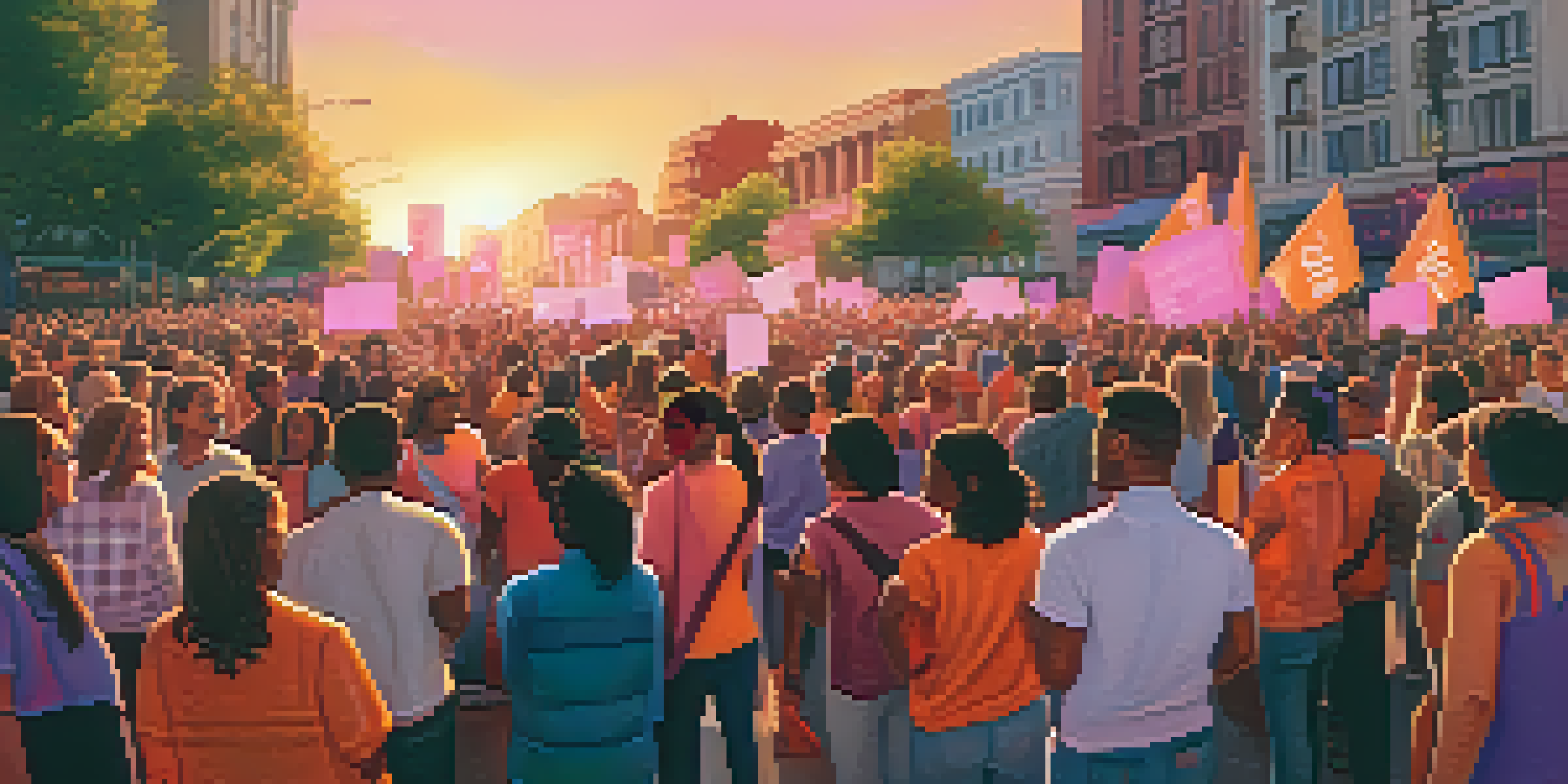 A diverse crowd of people singing at a social movement rally, holding colorful signs in front of a city skyline during sunset.