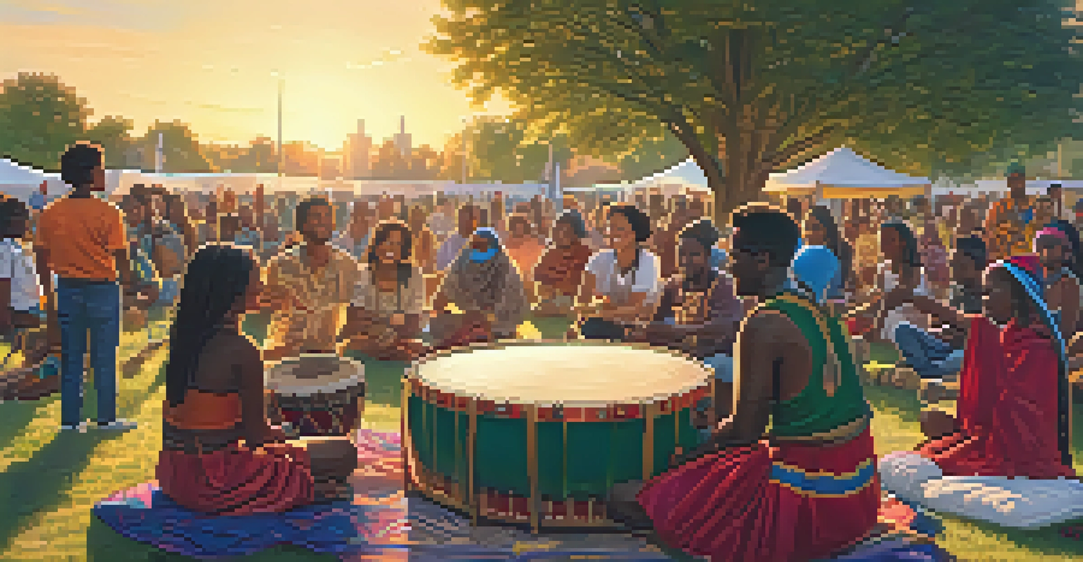 A community gathering in a park with people of diverse backgrounds participating in a joyful drumming circle during sunset.