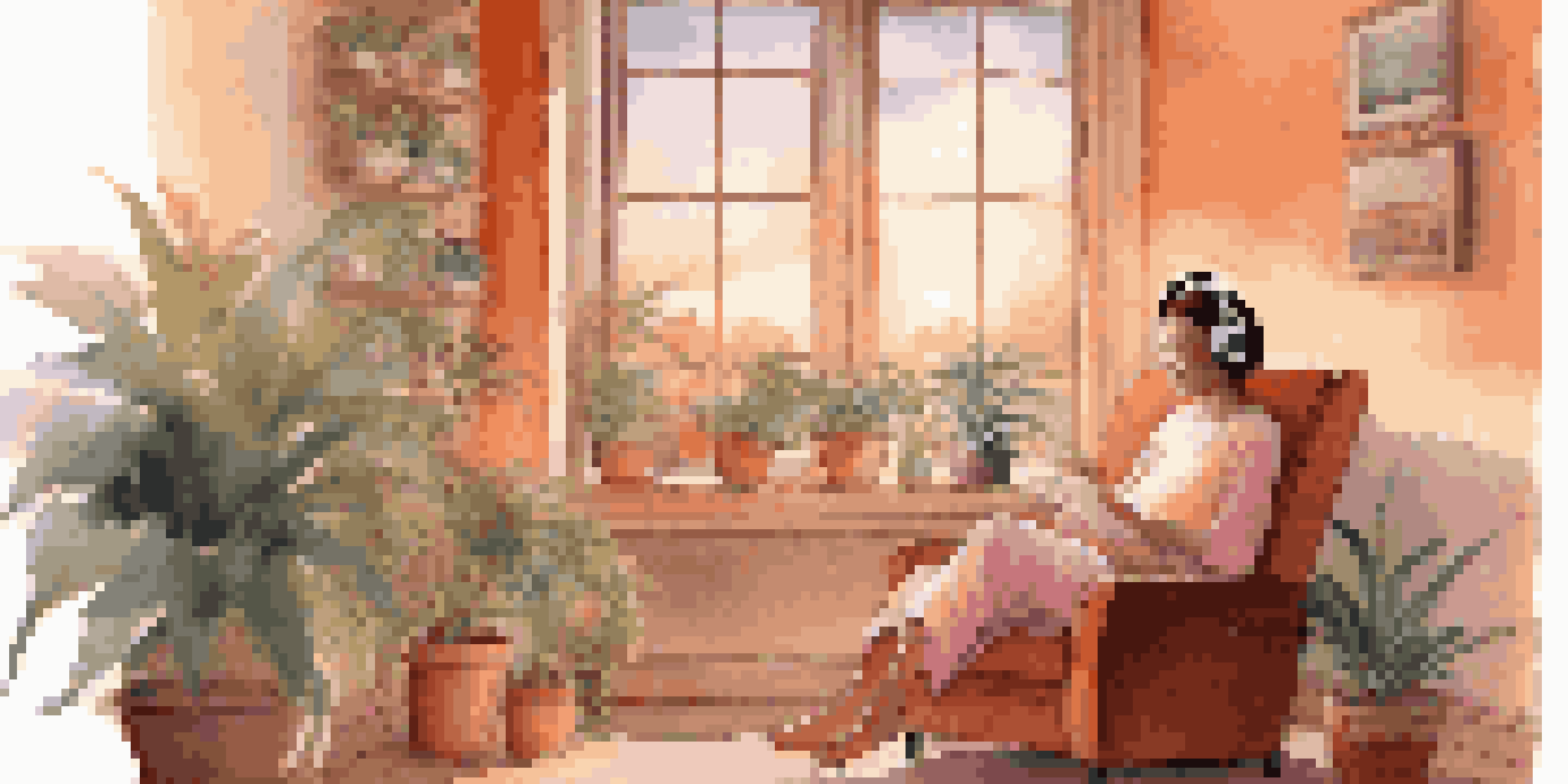 A caregiver seated in a cozy armchair, listening to music with headphones, surrounded by plants and a cup of tea, illuminated by warm sunset light.