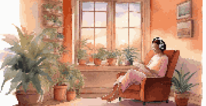 A caregiver seated in a cozy armchair, listening to music with headphones, surrounded by plants and a cup of tea, illuminated by warm sunset light.