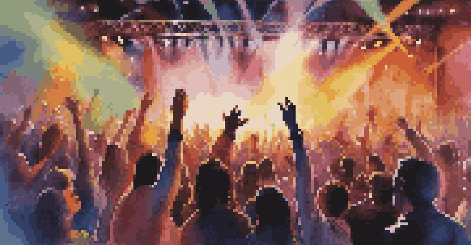 A crowded concert with vibrant lights, electric guitars, and enthusiastic audience members dancing.