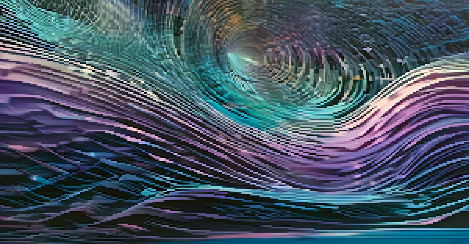 An abstract representation of sound waves and digital algorithms blending together, symbolizing the relationship between human creativity and AI in music.