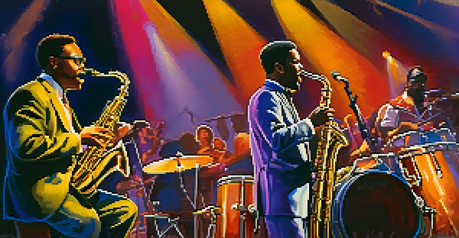 A jazz band performing on stage with colorful lights and an engaged audience.