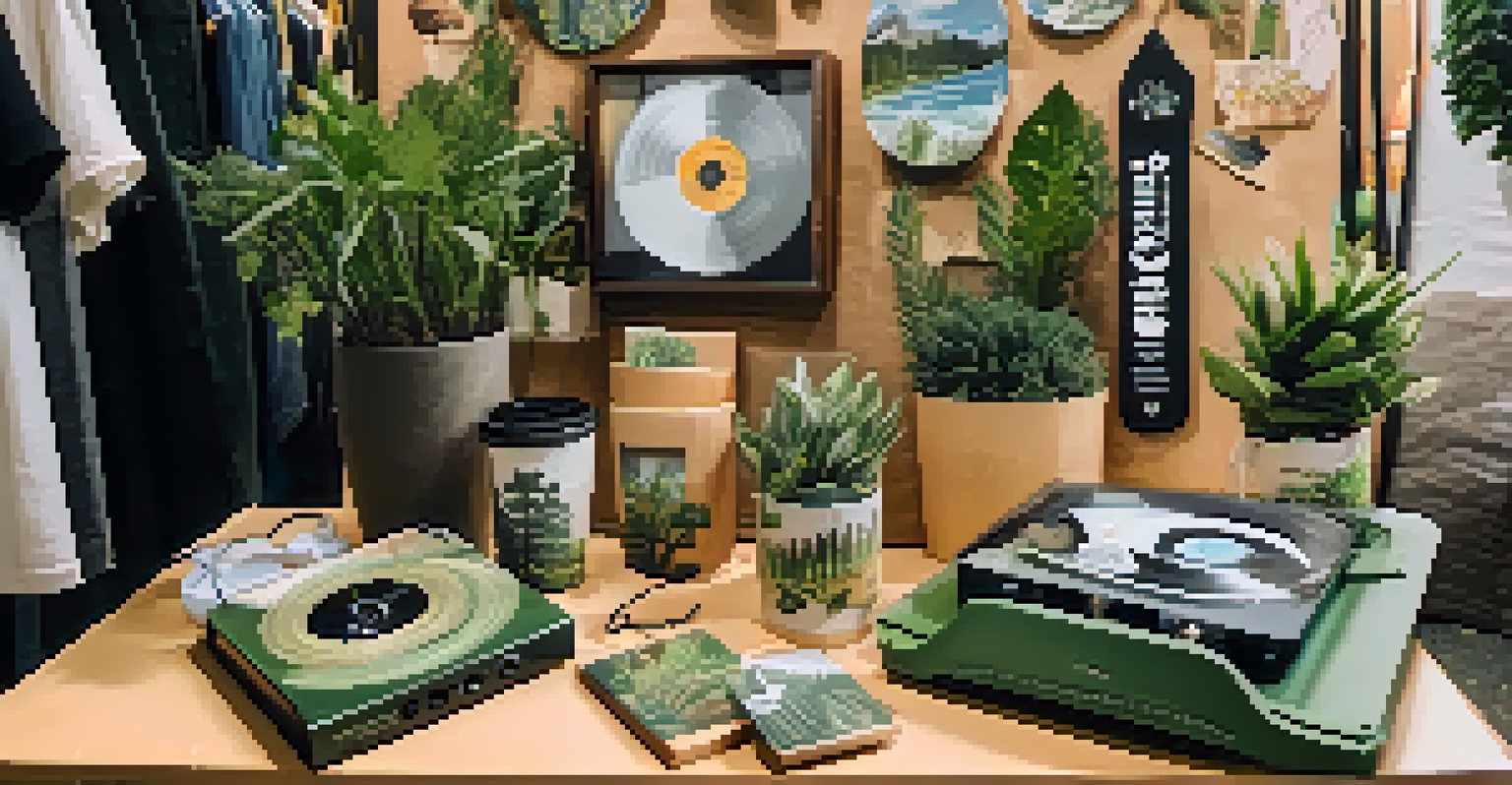 A display of eco-friendly merchandise at a music festival, featuring bags, phone cases, and vinyl records.