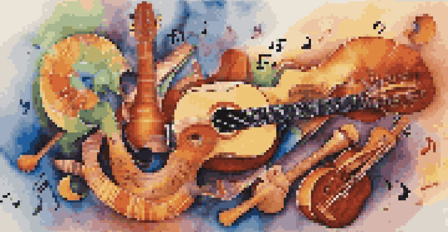 An artistic image showing a fusion of traditional Latin instruments and modern music visuals, with vibrant colors and dynamic shapes.