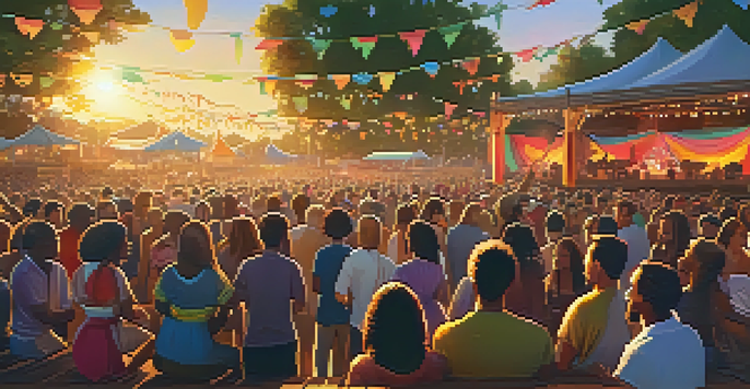An outdoor music festival with diverse musicians performing on stage, surrounded by an engaged audience and colorful decorations under a sunset.