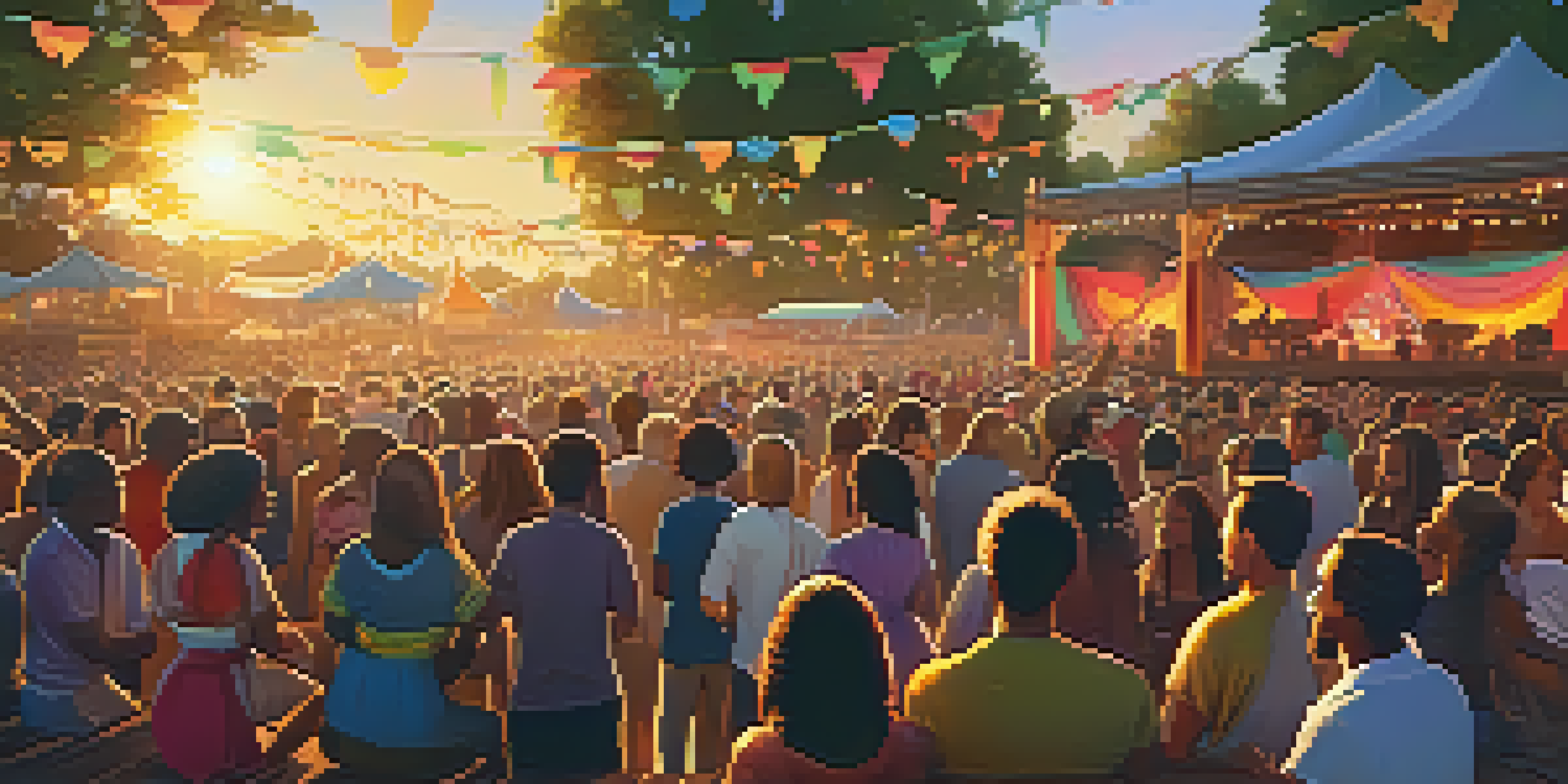 An outdoor music festival with diverse musicians performing on stage, surrounded by an engaged audience and colorful decorations under a sunset.