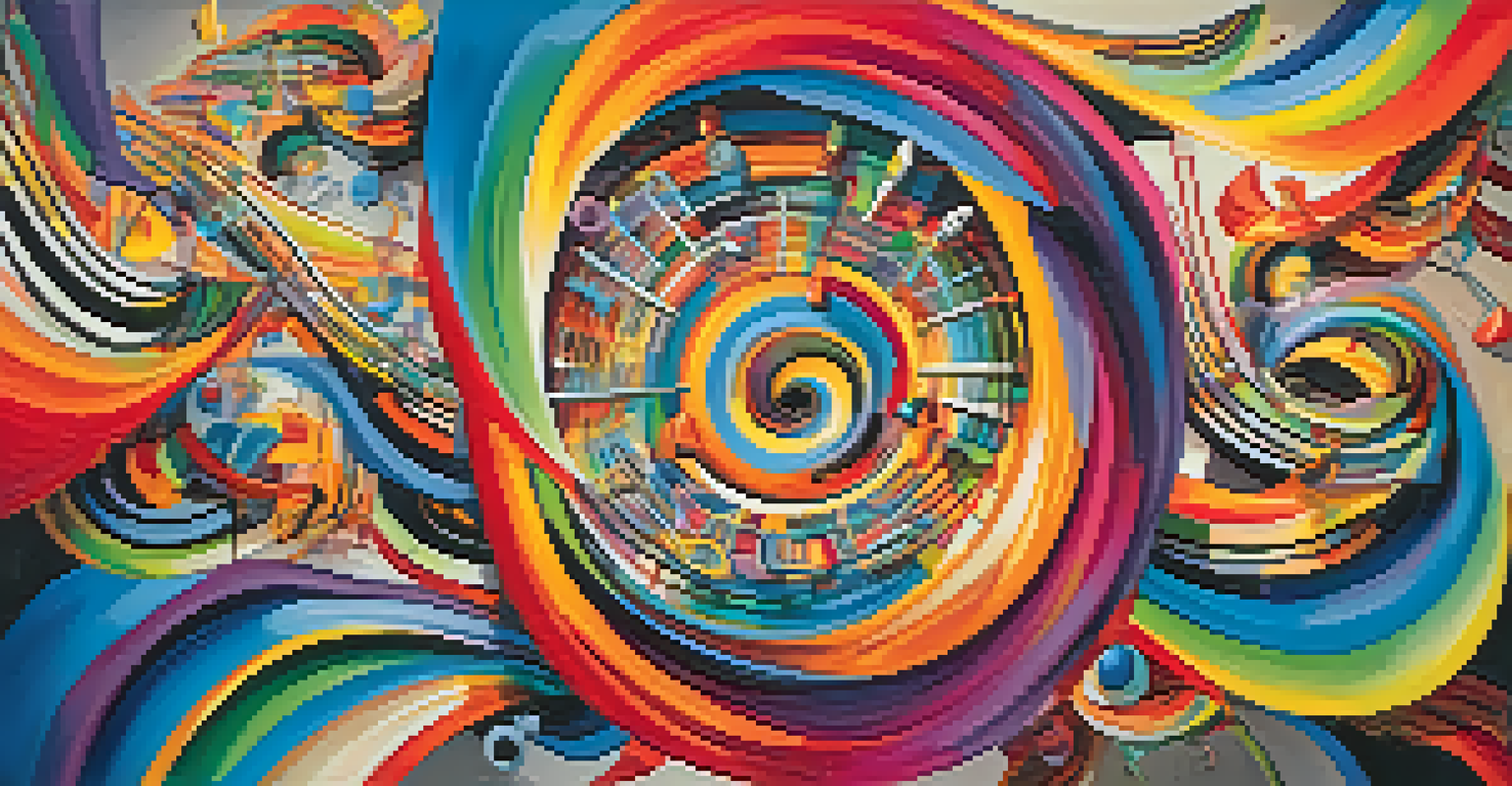 An abstract image showing vibrant colors and musical symbols intertwined in a dynamic design.